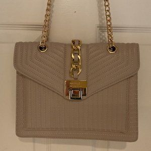 Badgley Mischka Vegan Leather Quilting Crossbody Purse W/Chain Off White BM-4189